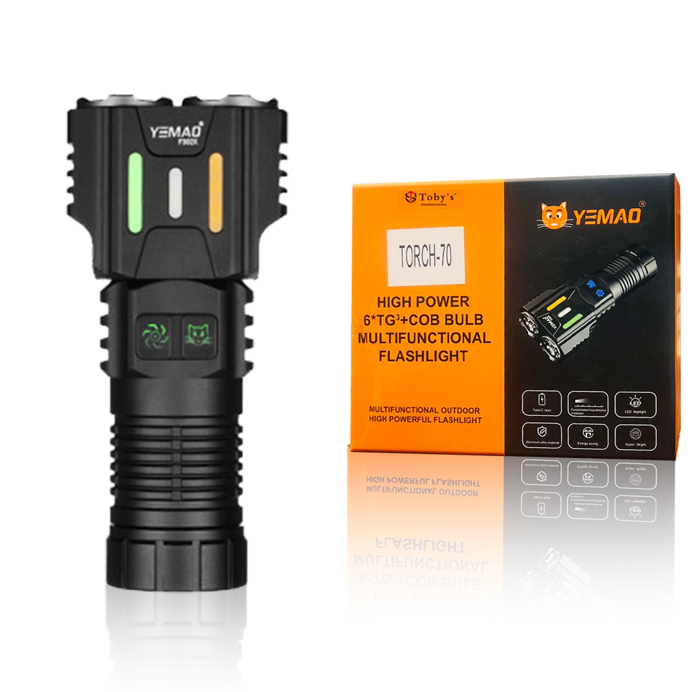 Toby's High-Power Multifunction Flashlight with 6*T6 Bulbs and COB Side Lights – Rechargeable Waterproof and Ultra-Bright for Outdoor Use