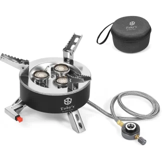 Toby's 6800W Camping Gas Stove Folding 3 Burners Piezo Ignition Backpacking Stove Outdoor Cooking Stove Furnace for Camping Hiking Picnic Emergency