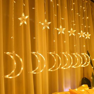 Toby's New 138 Led Curtain String Light Star Moon Light with 8 Lighting Modes Operated for Window Wall Home Decoration (Warm White)